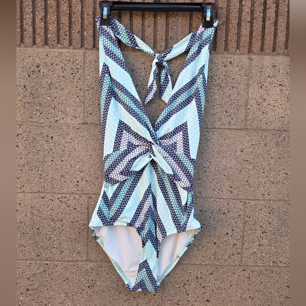 Anthropologie Aqua and Navy Polka Dot One-Piece Swimsuit-Size M NEW!